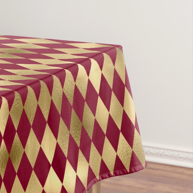 Elegant Gold Burgundy Diamond Pattern Tablecloth (In Situ)