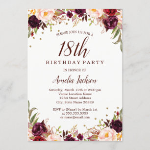 Elegant Gold Burgundy Floral 18th Birthday Party Invitation