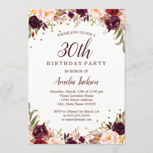 Elegant Gold Burgundy Floral 30th Birthday Party Invitation