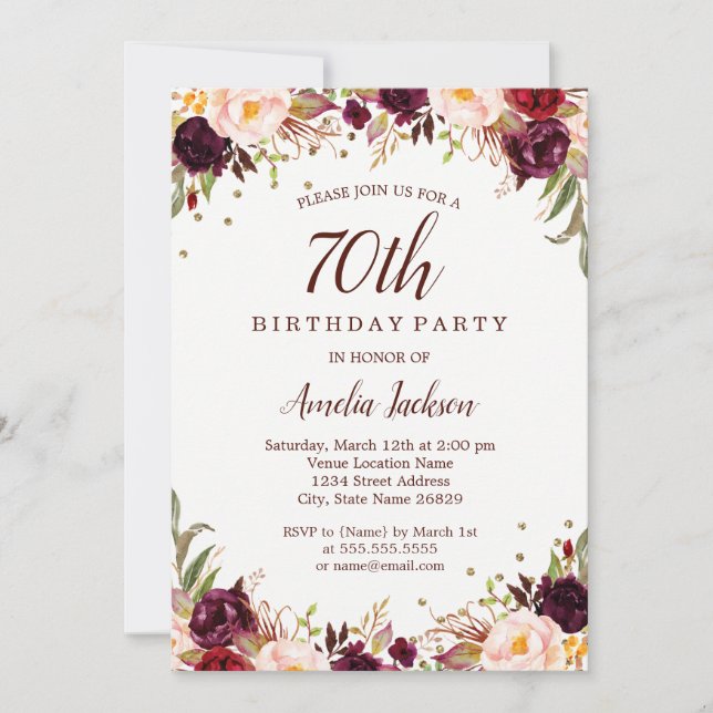 Elegant Gold Burgundy Floral 70th Birthday Party Invitation (Front)
