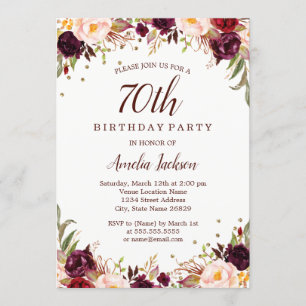 Elegant Gold Burgundy Floral 70th Birthday Party Invitation