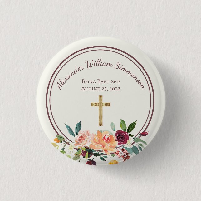 Elegant Gold Burgundy Floral Baby Christening 3 Cm Round Badge (Front)