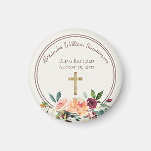 Elegant Gold Burgundy Floral Baby Christening Magnet