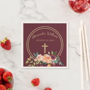 Elegant Gold Burgundy Floral Baby Christening Napkin
