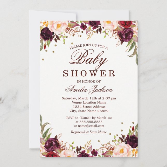 Elegant Gold Burgundy Floral Baby Shower Invitation (Front)