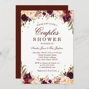Elegant Gold Burgundy Floral Couples Shower Invitation