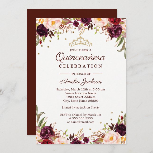 Elegant Gold Burgundy Floral Quinceanera Invitation (Front/Back)