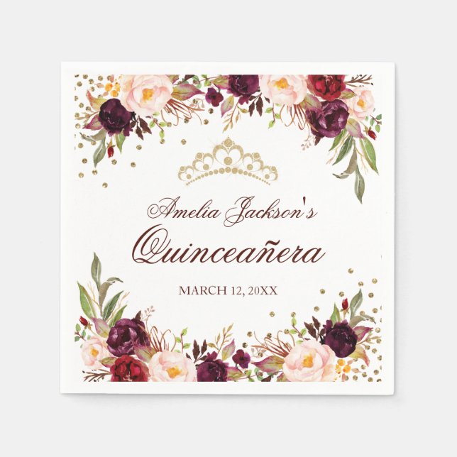 Elegant Gold Burgundy Floral Quinceanera Napkin (Front)