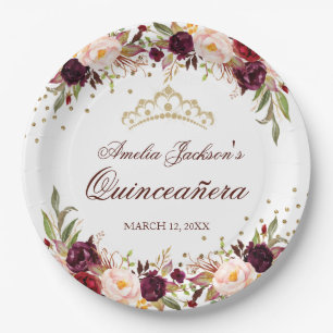 Elegant Gold Burgundy Floral Quinceanera Paper Plate