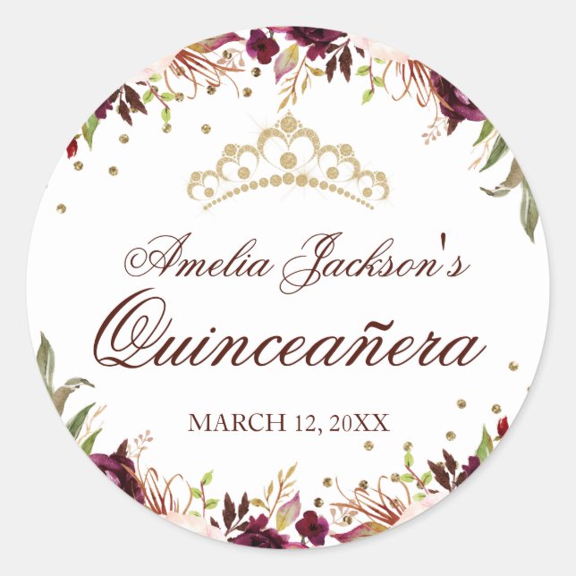 Elegant Gold Burgundy Floral Quinceanera Sticker (Front)