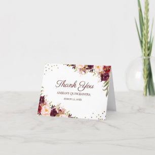 Elegant Gold Burgundy Floral Quinceanera Thank You Card