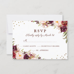 Elegant Gold Burgundy Floral RSVP Card