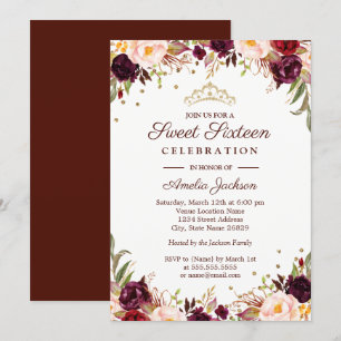 Elegant Gold Burgundy Floral Sweet Sixteen Invitation
