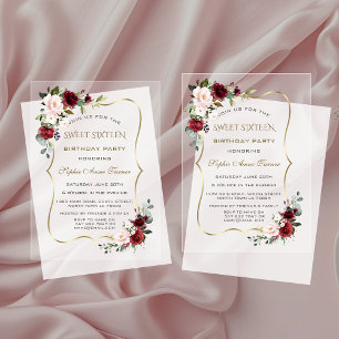 Elegant Gold Burgundy Flowers Sweet Sixteen  Acrylic Invitations