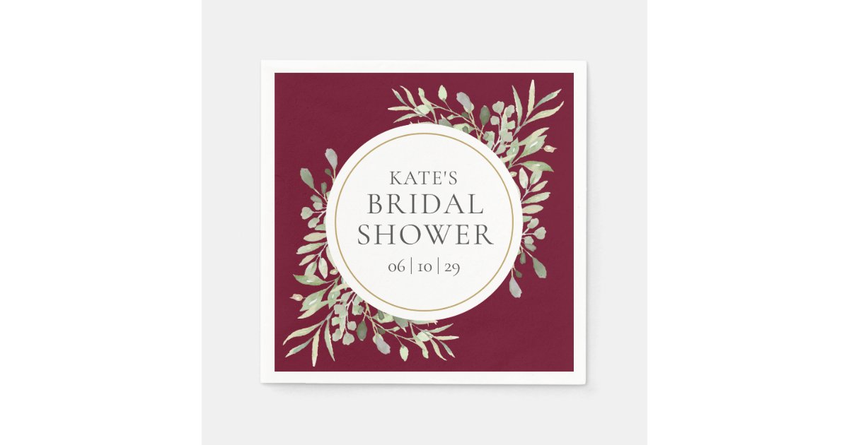 Elegant Gold Burgundy Greenery Bridal Shower Napkin | Zazzle