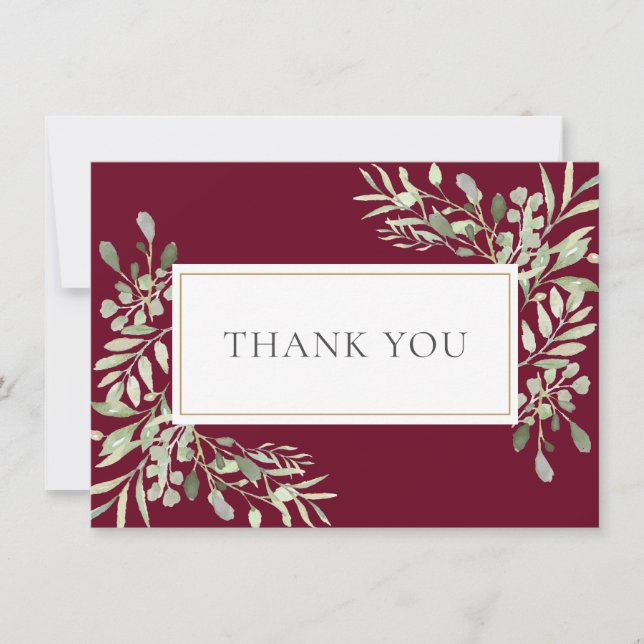 Elegant Gold Burgundy Greenery Foliage Thank You Card (Front)
