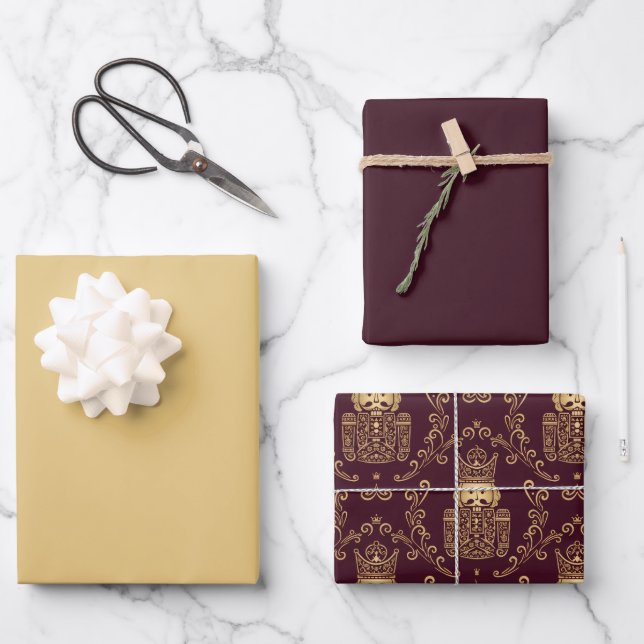 Elegant Gold & Burgundy Nutcracker Christmas Wrapping Paper Sheet (Front)
