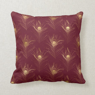 Elegant Gold Burgundy Peacock Print Stylish Pretty Cushion