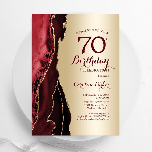 Elegant Gold Burgundy Red Agate 70th Birthday Invitation (Creator Uploaded)