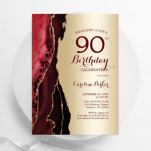 Elegant Gold Burgundy Red Agate 90th Birthday Invitation