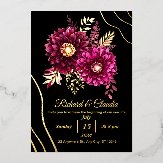Elegant Gold Burgundy Red and Black Floral Wedding (Front)