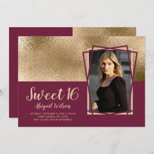 Elegant gold & burgundy sweet sixteen birthday invitation