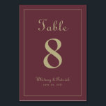 Elegant Gold Burgundy Wedding Reception Dinner Table Number<br><div class="desc">Wedding Table Number event party sign design features a classic elegance with contemporary chic gold-tone colour on a classic burgundy background. Personalise wedding table design with your name, wedding date, and table number in trendy lettering and script. The back of the card is a duplicate of the front. Follow our...</div>