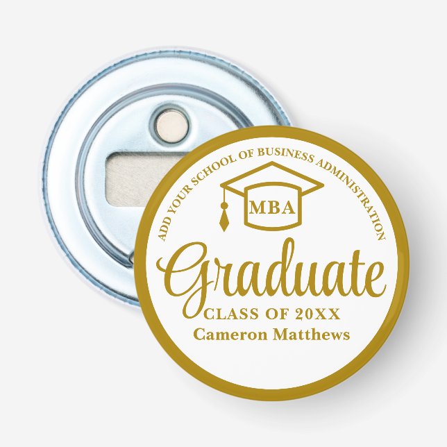 Elegant Gold Business School Graduation MBA Bottle Opener (Front)
