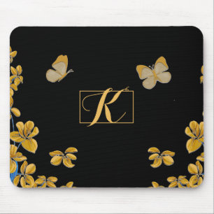 Elegant Gold Butterflies & Flowers Monogram Mouse Pad