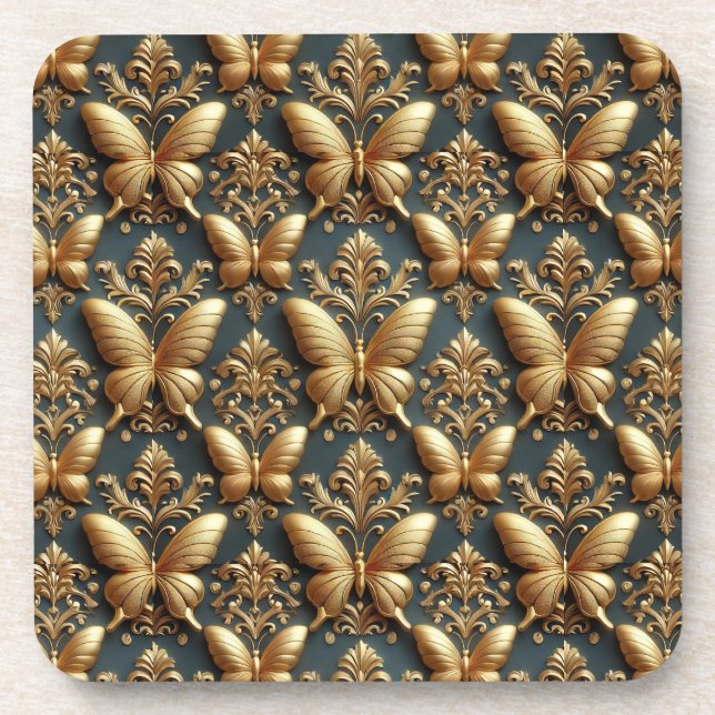 Elegant Gold Butterflies Pattern Coaster (Front)