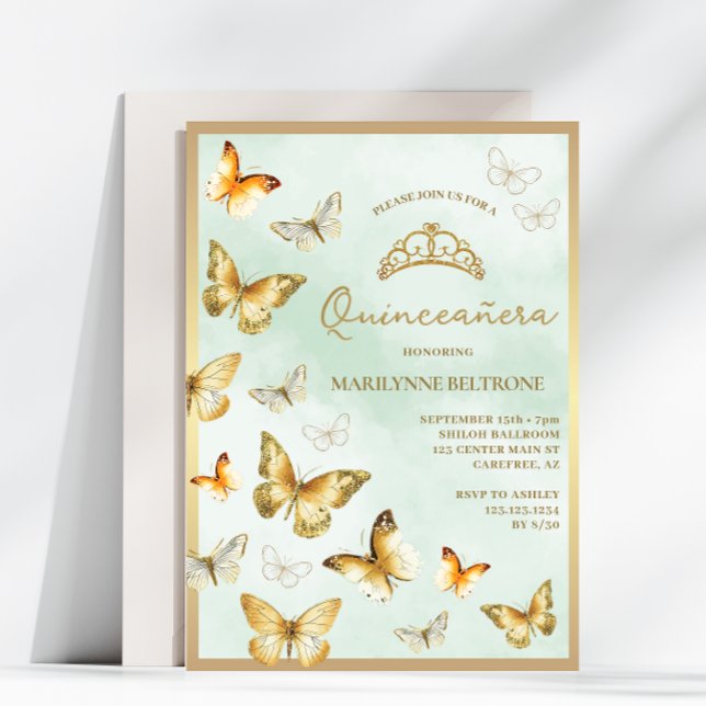 Elegant Gold Butterfly Green Quinceañera Invitation (Creator Uploaded)