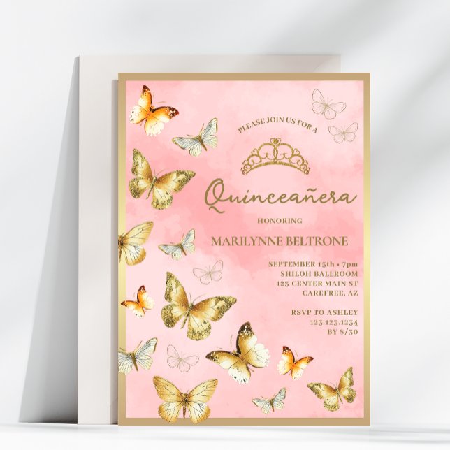 Elegant Gold Butterfly Pink Quinceañera Invitation (Creator Uploaded)