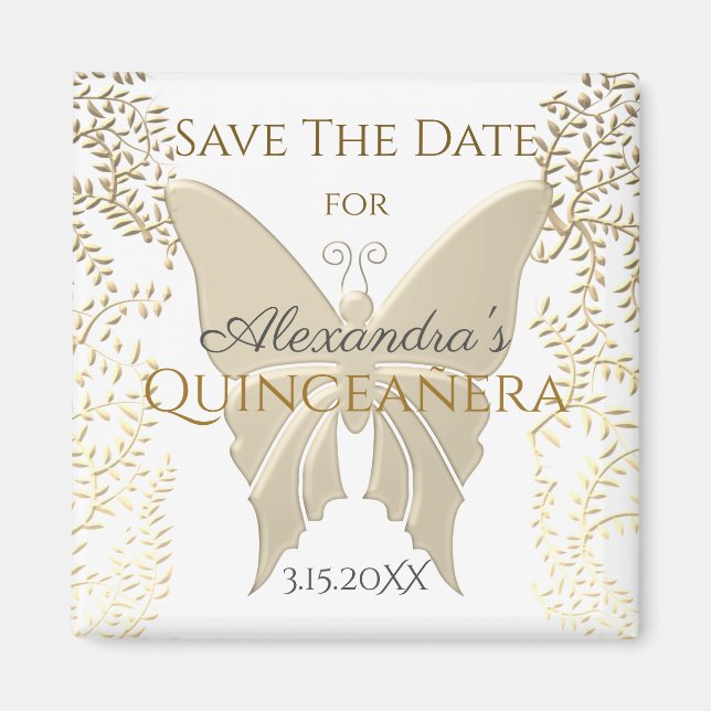 Elegant Gold Butterfly Quinceanera Save The Date Magnet (Front)