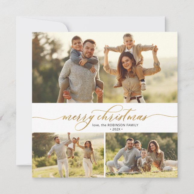 Elegant Gold Calligraphy 3 Multi Photo Christmas Holiday Card (Front)