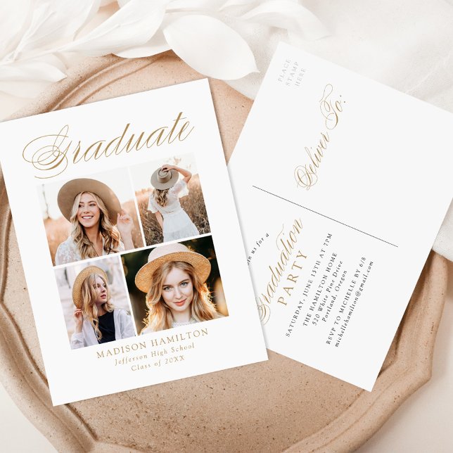 Elegant Gold Calligraphy 4 Photo Graduation Party Invitation Postcard (Creator Uploaded)