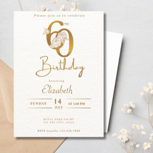 Elegant Gold Calligraphy 60th Birthday Floral Invitation