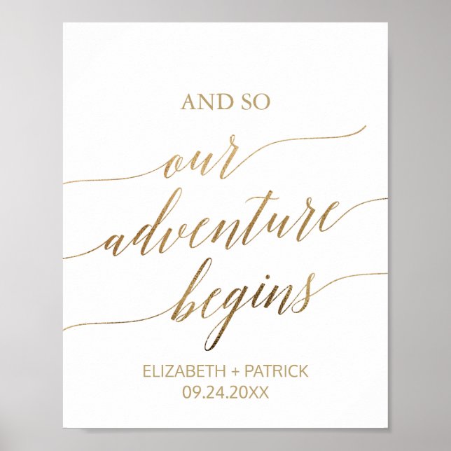 Elegant Gold Calligraphy Adventure Begins Sign (Front)