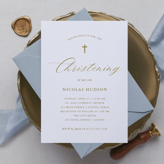 Elegant Gold Calligraphy and Cross | Christening Invitation (Creator Uploaded)