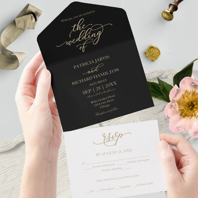 Elegant Gold Calligraphy Black Wedding All In One Invitation (Creator Uploaded)