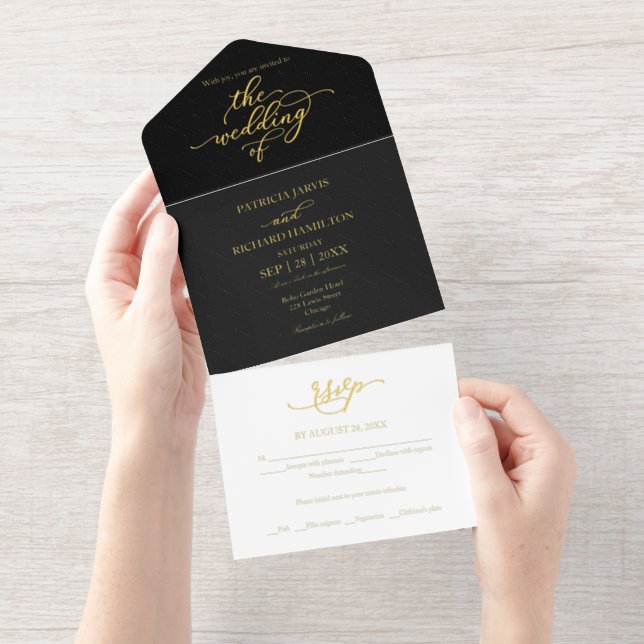 Elegant Gold Calligraphy Black Wedding All In One Invitation (Tearaway)