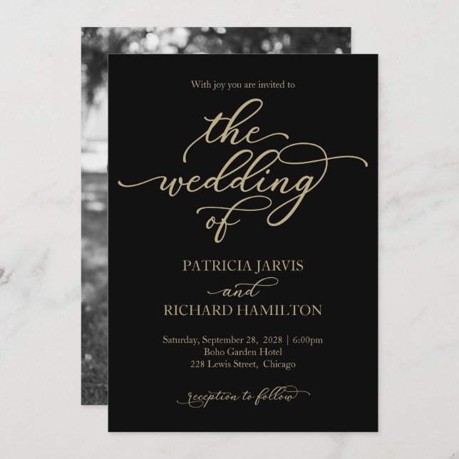 Elegant Gold Calligraphy Black Wedding Invitation (Front/Back)