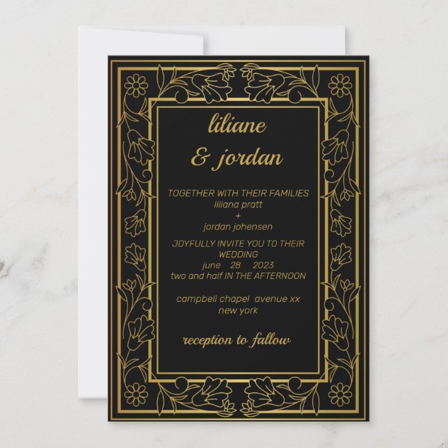 elegant gold calligraphy black Wedding Invitation (Front)
