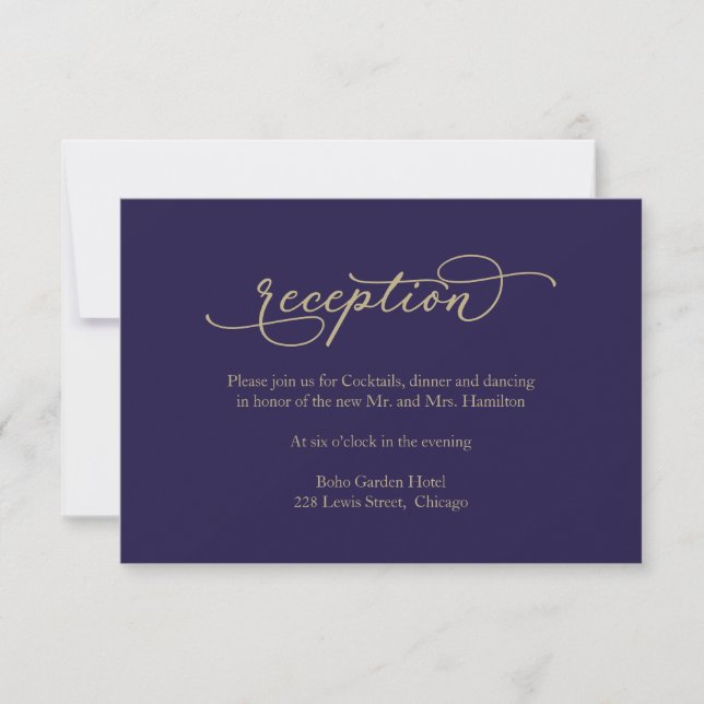 Elegant Gold Calligraphy Blue Wedding Reception RSVP Card (Front)