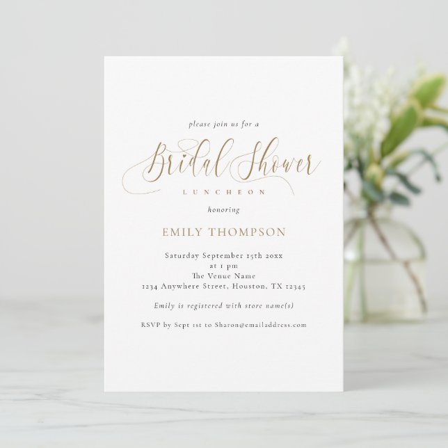 Elegant Gold Calligraphy Bridal Shower Invitation (Standing Front)
