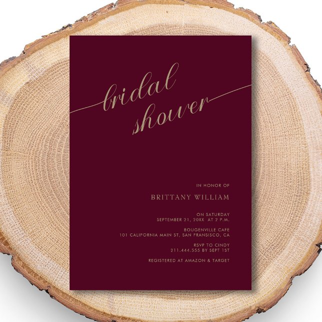 Elegant Gold Calligraphy Burgundy Bridal Shower Invitation (Creator Uploaded)