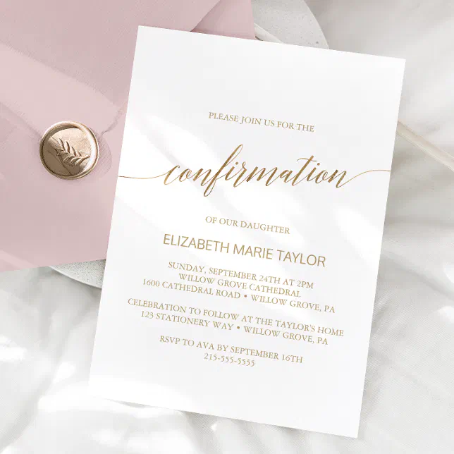 Elegant Gold Calligraphy Confirmation Invitation | Zazzle