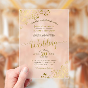 Elegant Gold Calligraphy Coral Peach Wedding Acrylic Invitations