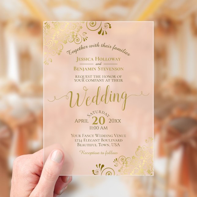 Elegant Gold Calligraphy Coral Peach Wedding Acrylic Invitations (Creator Uploaded)