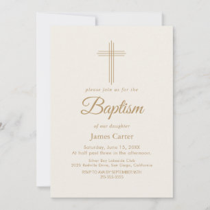 Elegant Gold Calligraphy Cream Cross Baptism  Invitation