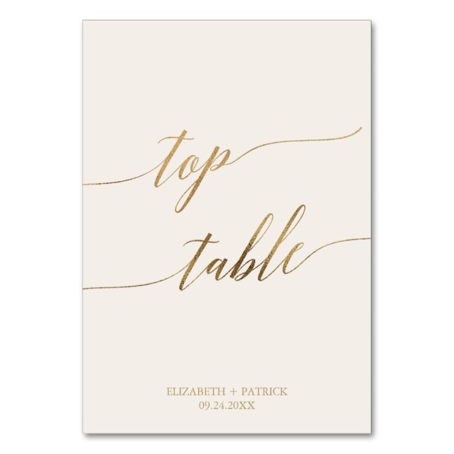 Elegant Gold Calligraphy Cream Top Table Table Number (Front)